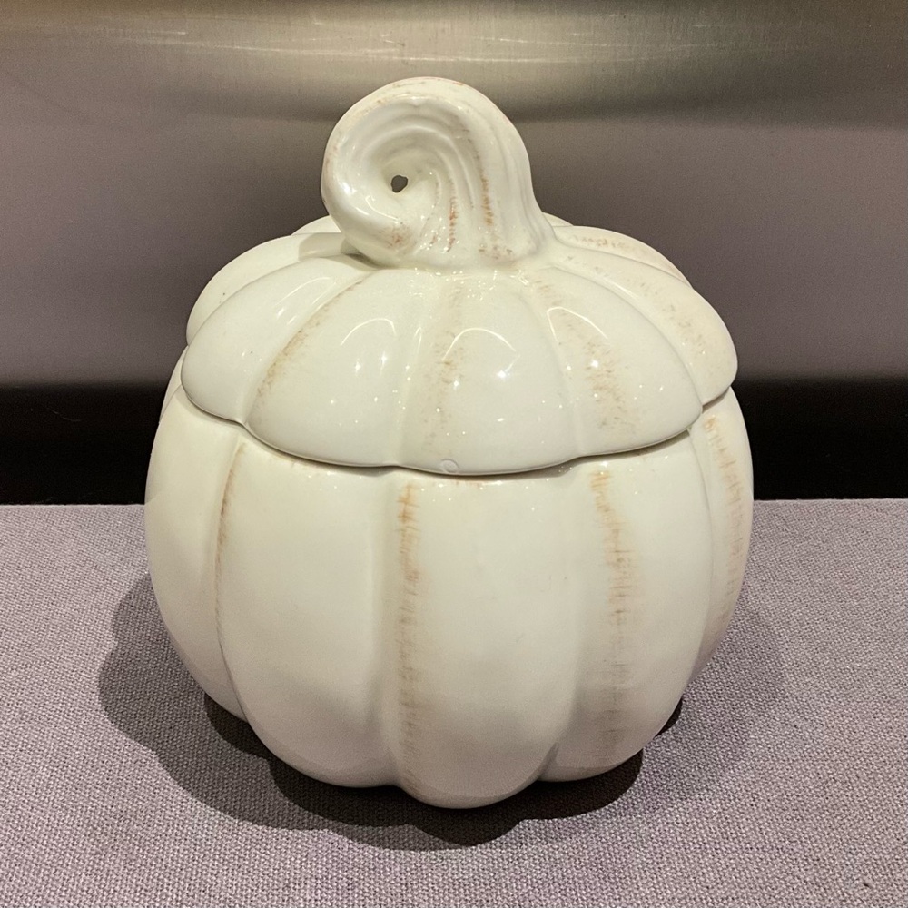 Sur La Table Cream-Colored Ceramic Pumpkin Soup Bowl w/Lid Candy Dish